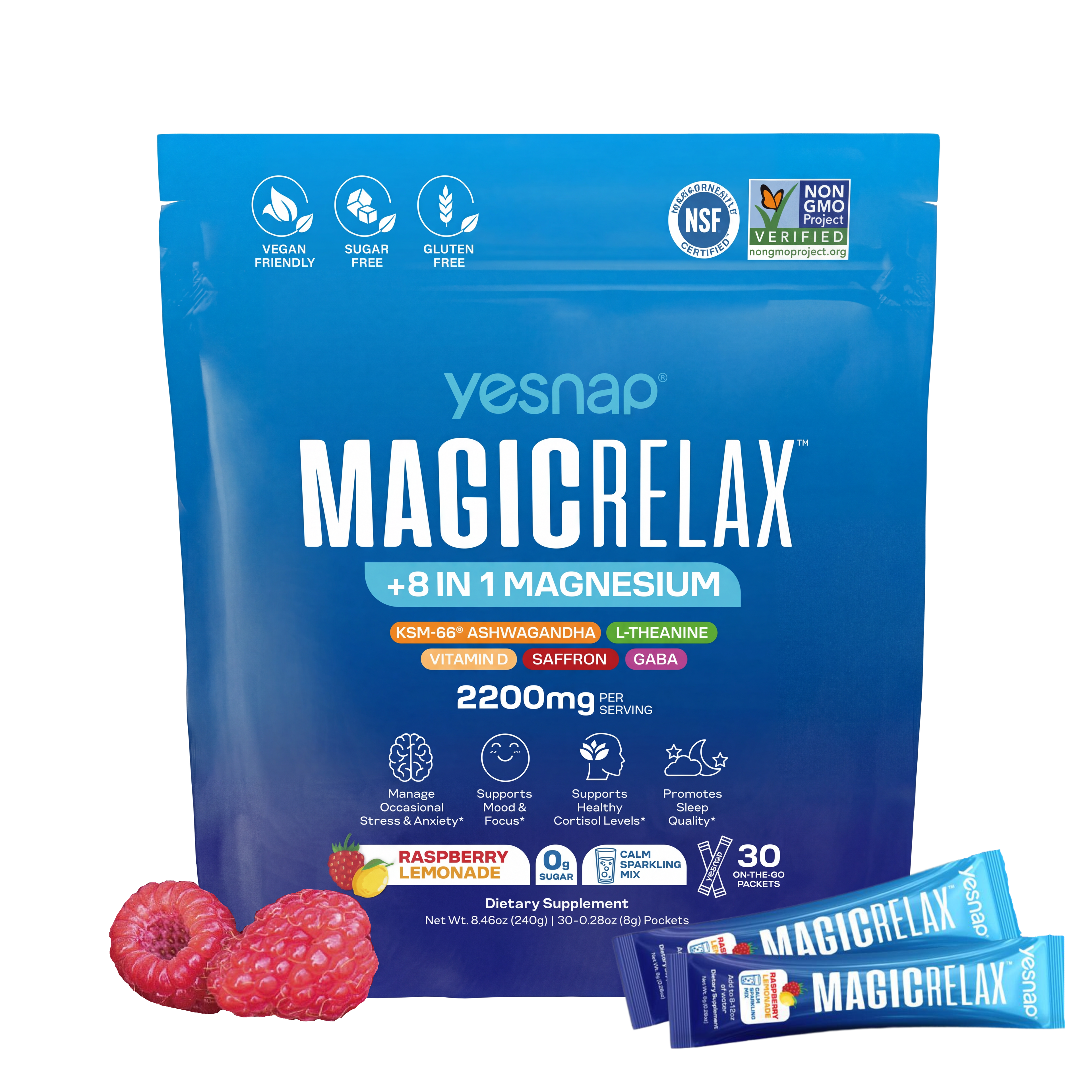 Yesnap MAGICRELAX Calming Sparking Mix with 8-in-1 Magnesium KSM-66 Ashwagandha Saffron Vitamin D3 GABA L-Theanine Supports